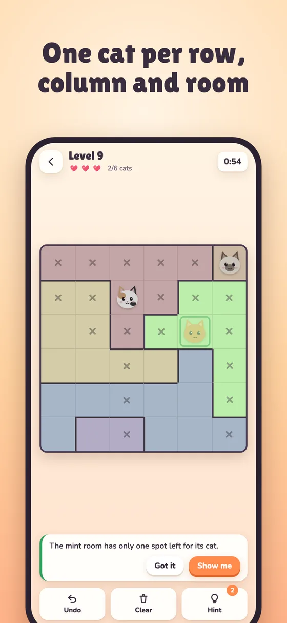 The rules: one cat per row, column and room, and cats never touch